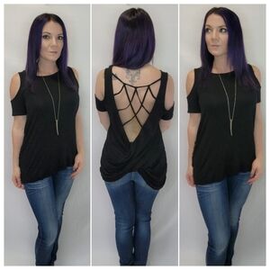 She + Sky Cold Shoulder Criss Cross Twist Open Back Top